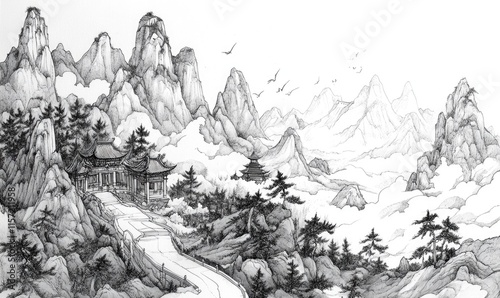 A mountain range with a house in the middle photo