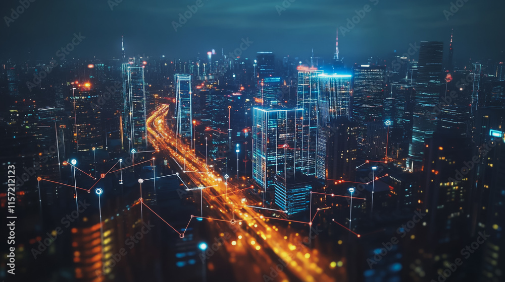 Smart digital Innovation city with connection network reciprocity over the cityscape. of future smart wireless digital city and social media networking systems that connects people with in city Smart digital Innovation city with connection network reciprocity over the cityscape. of future smart wireless digital city and social media networking systems that connects people with in city