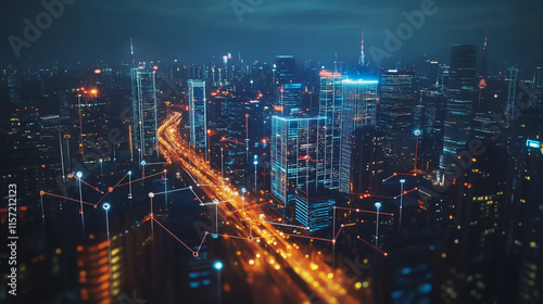 Smart digital Innovation city with connection network reciprocity over the cityscape. of future smart wireless digital city and social media networking systems that connects people with in city