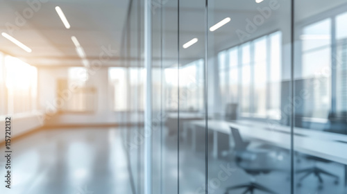 A blurry office with glass windows  creating an empty  blurred effect atmosphere