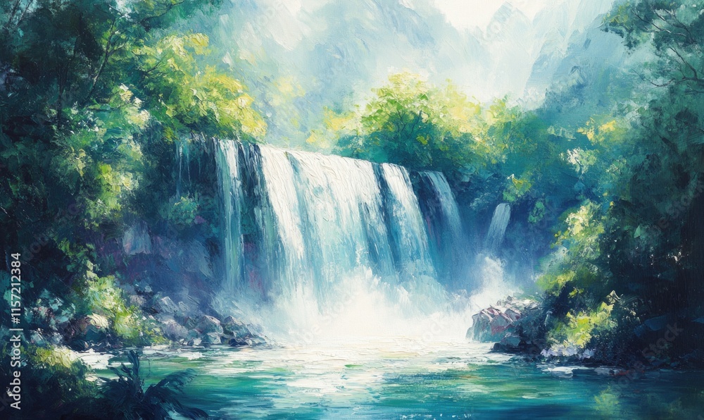 A waterfall is shown in a painting A waterfall is shown in a painting