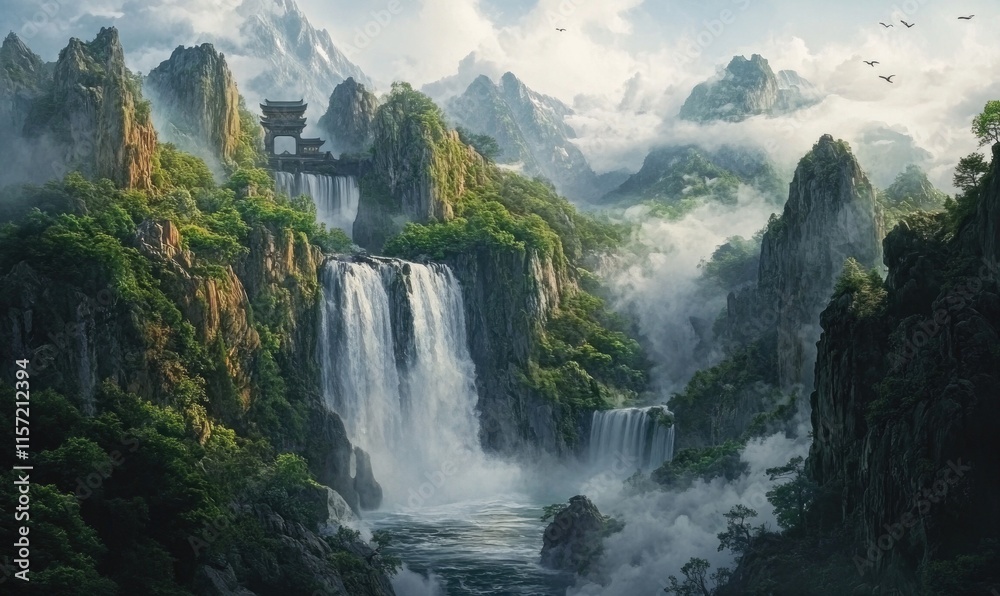 A waterfall is in the middle of a forest