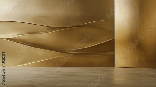 Stilvolle 3D-Goldwellen als elegante Wandgestaltung in modernem Wohnambiente. Luxuriöse Wellenmuster schaffen architektonische Atmosphäre im Interior photo