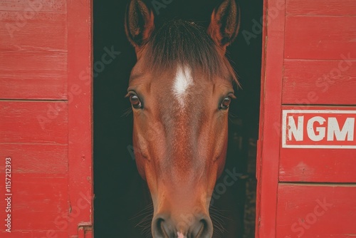 A close-up of a horse face, showing its soulful brown eyes and soft, shiny coat, framed by a rustic barn background