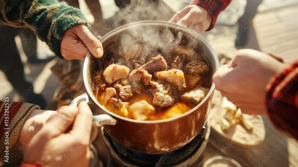 Family Enjoying a Meal with Steaming Pot of Menudo Family Enjoying a Meal with Steaming Pot of Menudo