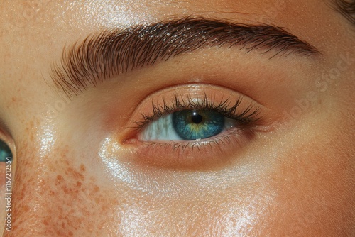 A close-up of a human eye and cheek, with fine details of the eyelashes, pores, and subtle light reflections photo