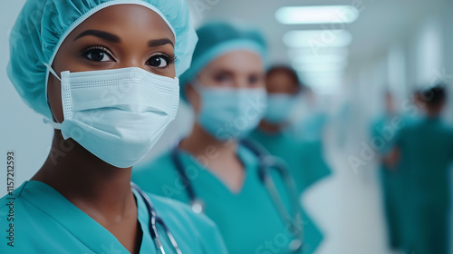 Frontline healthcare workers in scrubs and masks prepare for patient care in a hospital corridor during the day photo