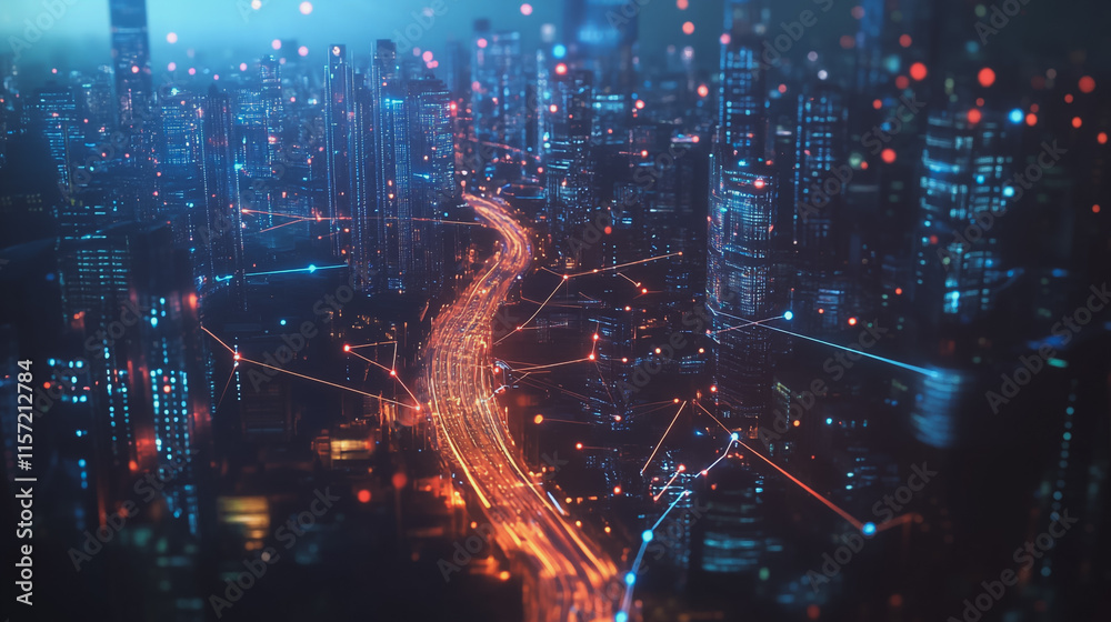 Obraz premium Smart digital Innovation city with connection network reciprocity over the cityscape. of future smart wireless digital city and social media networking systems that connects people with in city