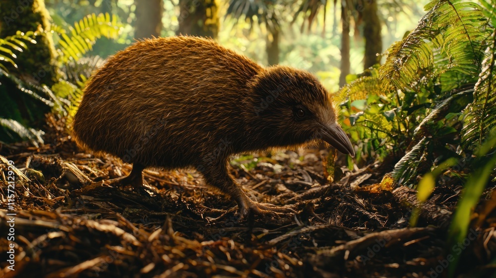 A kiwi bird foraging on the forest floor among ferns. A kiwi bird foraging on the forest floor among ferns.