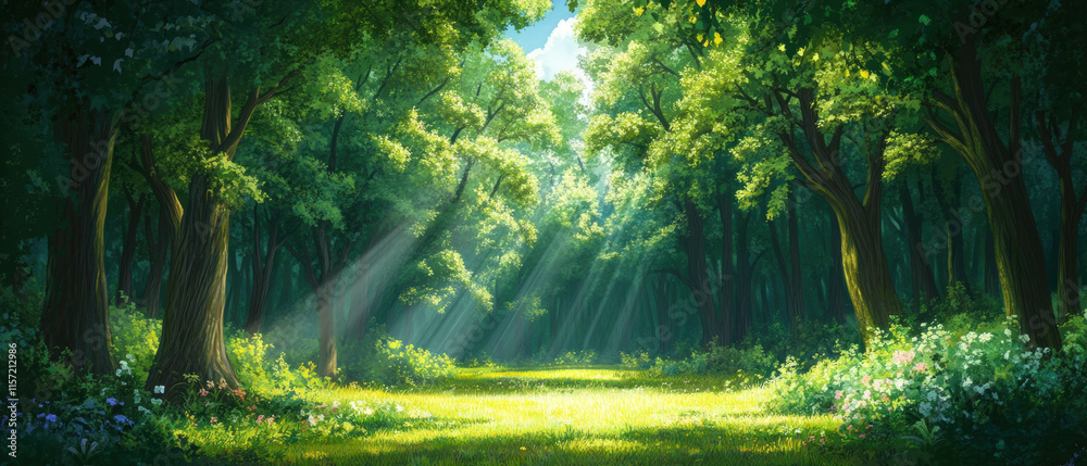 Enjoying a peaceful forest road with sunlight shining through tall trees Enjoying a peaceful forest road with sunlight shining through tall trees