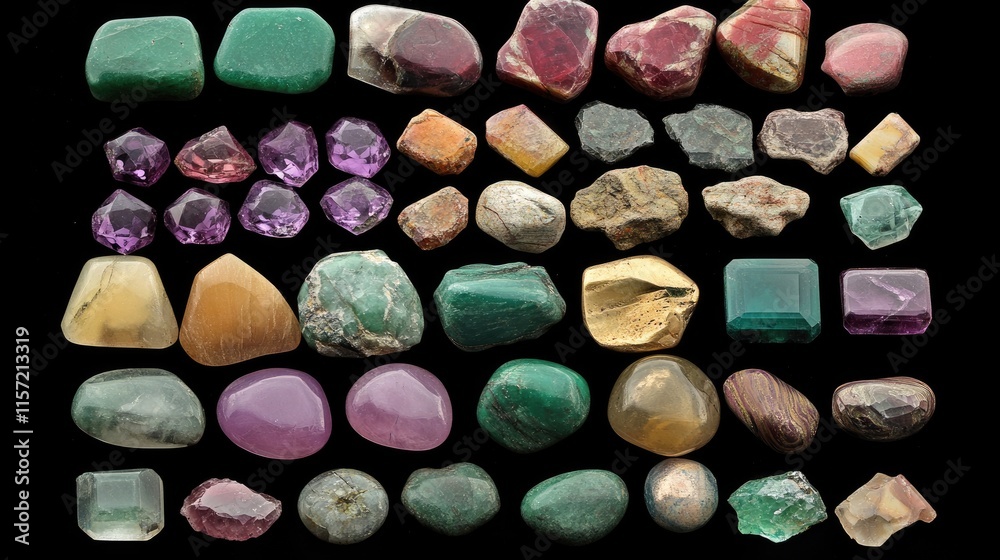 Collection of Colorful Natural Gems and Minerals on Black Background Collection of Colorful Natural Gems and Minerals on Black Background