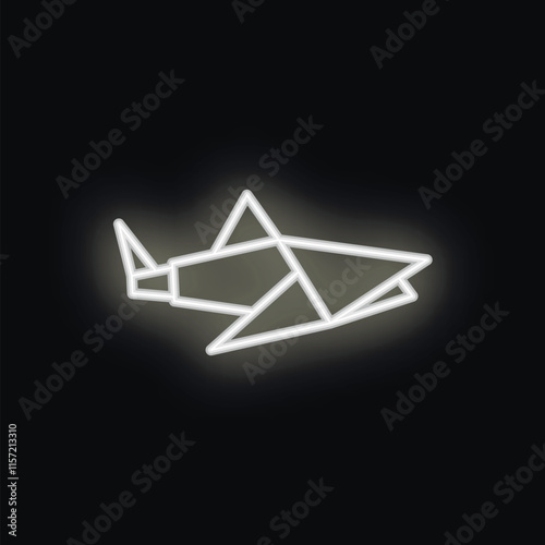 Neon sign representing a shark in origami style, glowing white against a black background