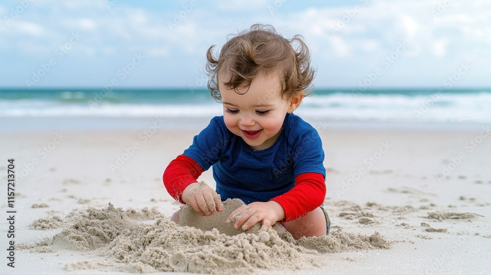 Joyful Young Child Exploring Coastal Landscape on Summer Beach Vacation Joyful Young Child Exploring Coastal Landscape on Summer Beach Vacation