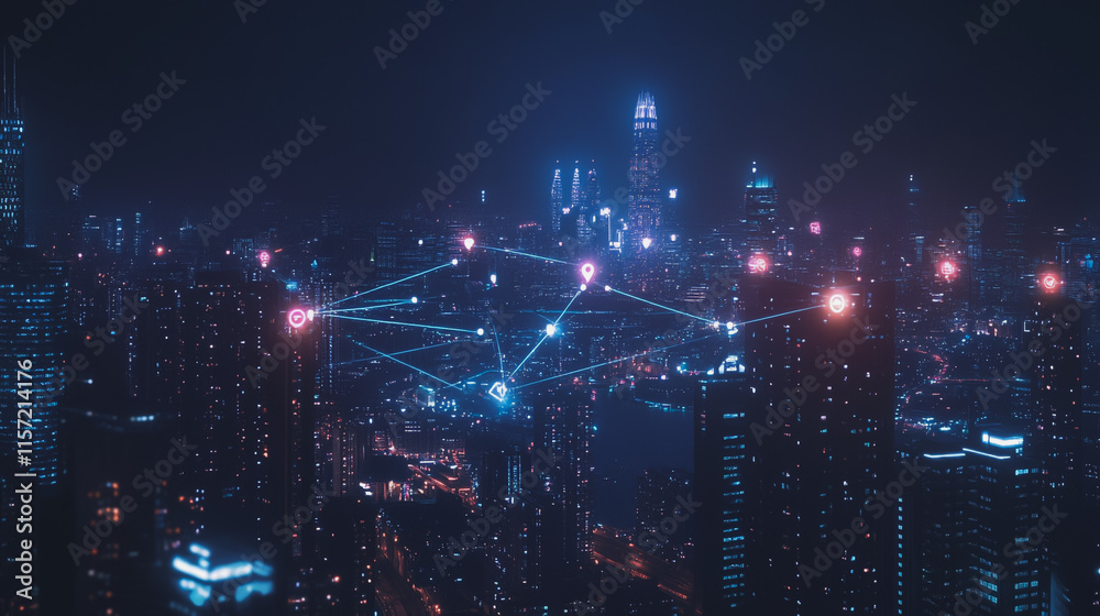 Smart digital Innovation city with connection network reciprocity over the cityscape. of future smart wireless digital city and social media networking systems that connects people with in city Smart digital Innovation city with connection network reciprocity over the cityscape. of future smart wireless digital city and social media networking systems that connects people with in city