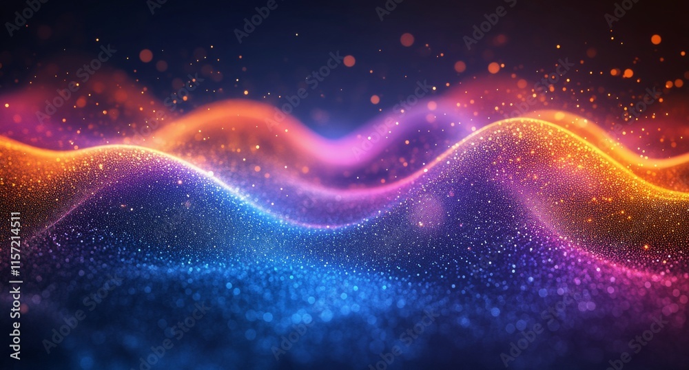 Fototapeta premium Colorful abstract waves of light with glowing orbs in a cosmic background