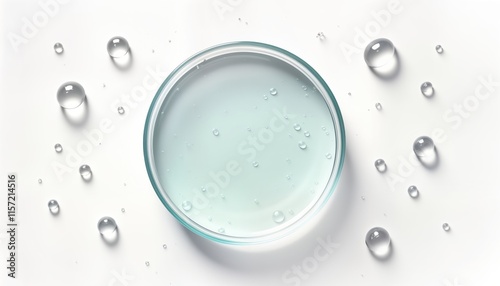 Light teal serum gel in petri dish. Clear drops on white background. Top view. Fresh, clean look. Perfect for skincare product ad lab experiment graphic. Cosmetic product presentation. Serum, gel, photo