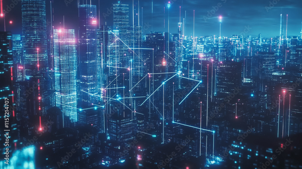 Obraz premium Smart digital Innovation city with connection network reciprocity over the cityscape. of future smart wireless digital city and social media networking systems that connects people with in city