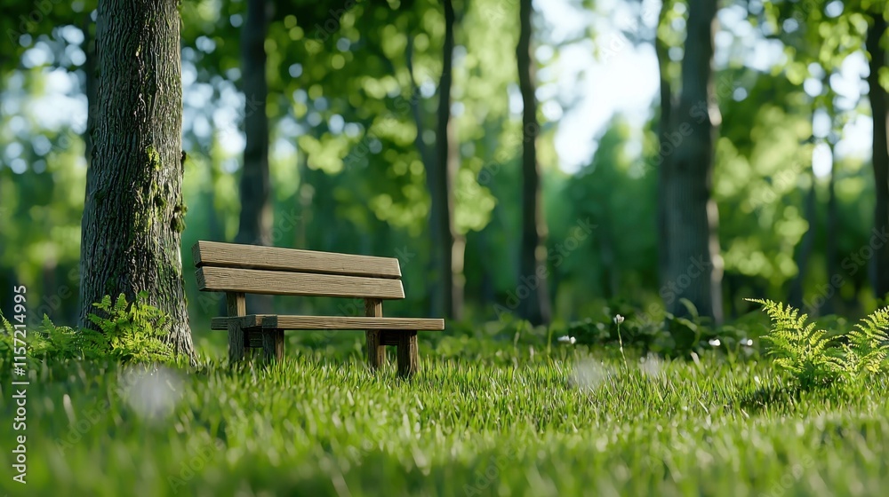 Naklejka premium Peaceful Wooden Bench in Lush Green Forest Inviting Tranquil Respite and Solitude