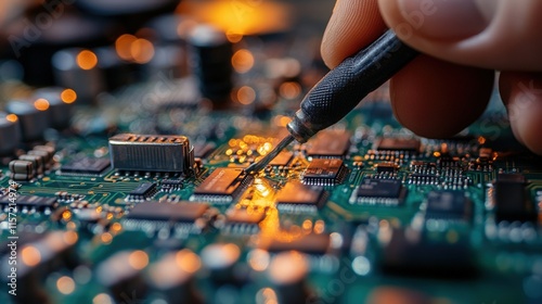 Close-up of hand soldering a circuit board. photo