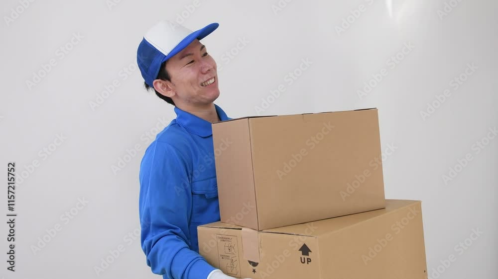 段ボールを持ちながら困る作業員男性 段ボールを持ちながら困る作業員男性