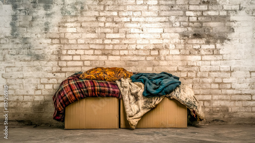 Makeshift bed made of cardboard boxes against brick wall symbolizing homelessness photo