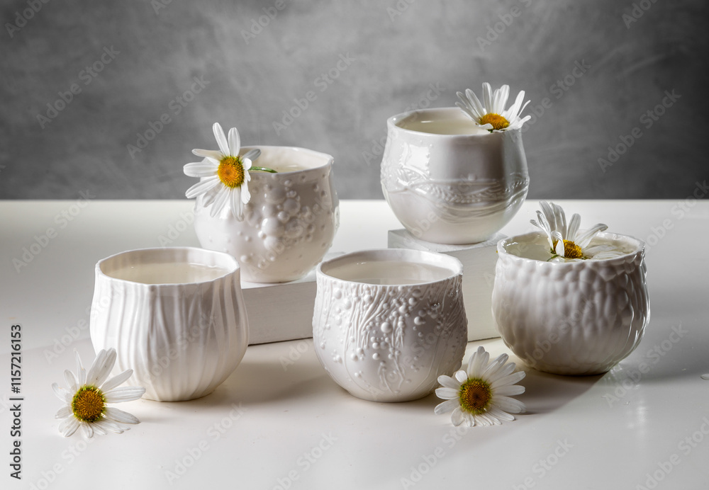 Obraz premium Porcelain white cups with chamomile flowers on a light table