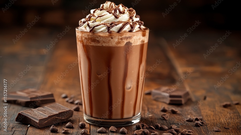 Chocolate milkshake with whipped cream and chocolate shavings in a tall glass on a wooden table. Chocolate milkshake with whipped cream and chocolate shavings in a tall glass on a wooden table.
