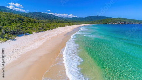 Wallpaper Mural Breathtaking Tropical Beach with Turquoise Waters and Lush Vegetation in a Scenic Mountainous Landscape under a Bright Blue Sky Torontodigital.ca
