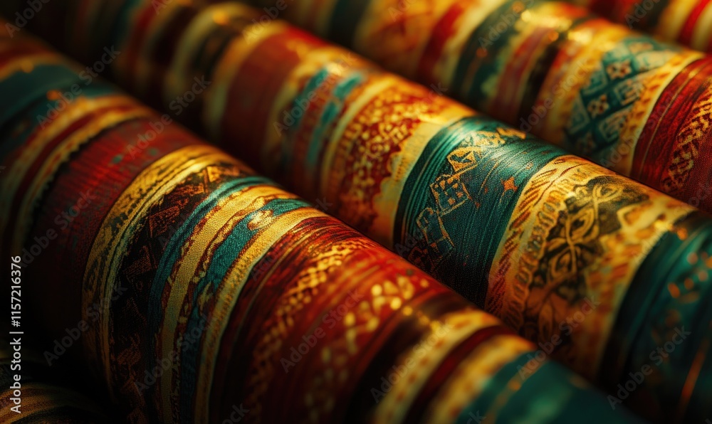 A roll of colorful fabric with gold and blue designs A roll of colorful fabric with gold and blue designs