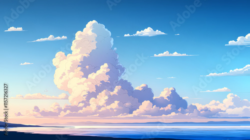Vast expanse of blue sky with puffy spindrift clouds at dusk, vast, sky. Spindrift. Illustration