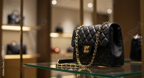 Black quilted leather handbag displayed in a luxury store