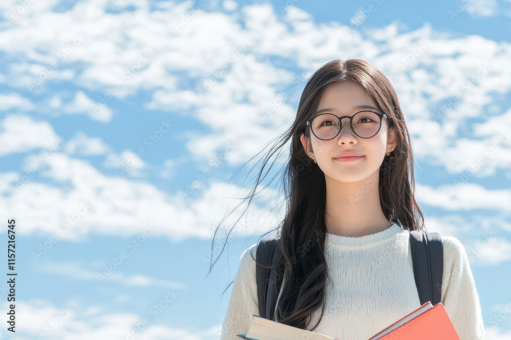 high school girl outdoors, holding books, smiling under blue sky high school girl outdoors, holding books, smiling under blue sky