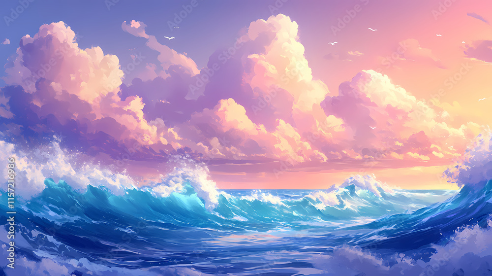 Obraz premium Vivid ocean waves with foamy crests under a partly cloudy sky, capturing the energy and beauty of the sea. Spindrift. Illustration