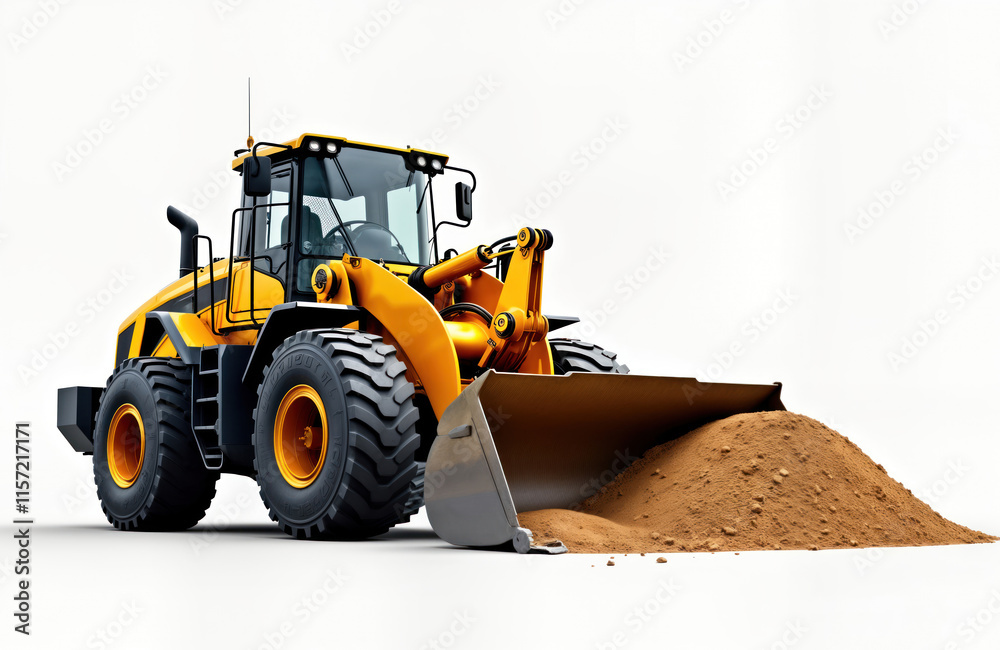 Fototapeta premium Heavy yellow front loader positioned on white background. Loader transporting large amount of earth sand. Modern construction machine with large bucket. Industrial machinery in action. Heavy