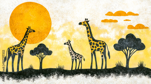 Giraffe family enjoying golden sunset in african savanna illustration photo