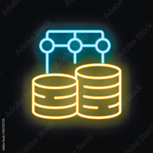 Neon glowing icon of data warehousing representing data integration and storage with connected databases