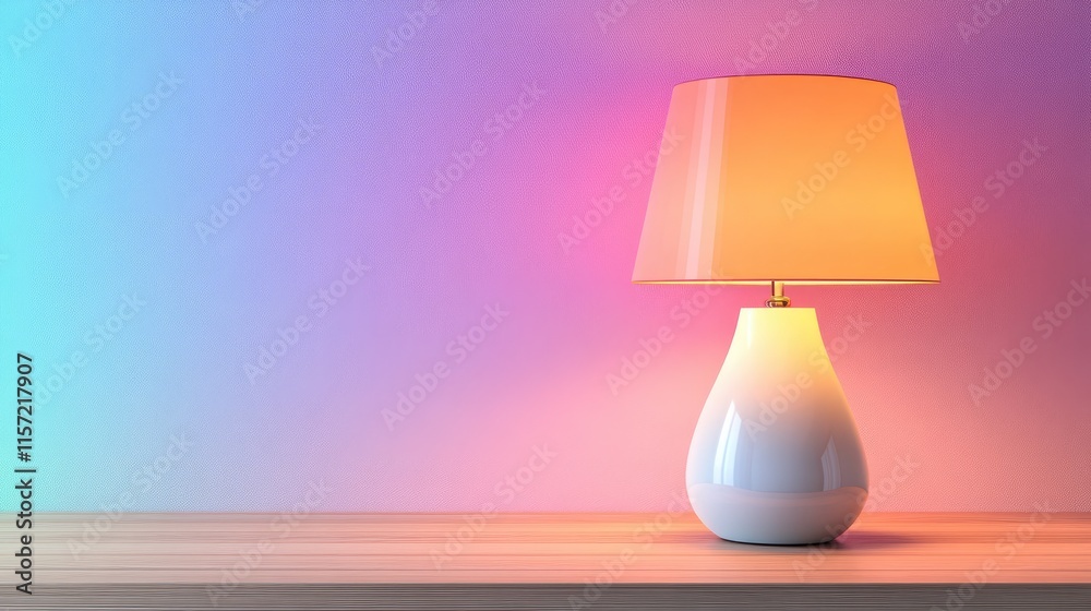 Modern Table Lamp with Soft Glow on Wooden Surface and Colorful Background Modern Table Lamp with Soft Glow on Wooden Surface and Colorful Background
