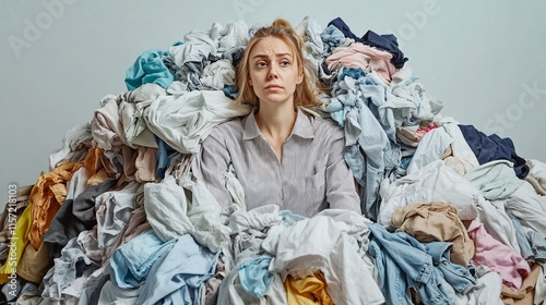 A frustrated young Caucasian woman surrounded by a mountain of wrinkled clothes, expressing the chaos of laundry day. photo