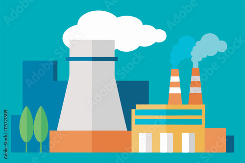Illustration of power plant with tall and short smokestacks, emitting smoke. Trees on left. Stylized with flat colors against blue-turquoise sky background.