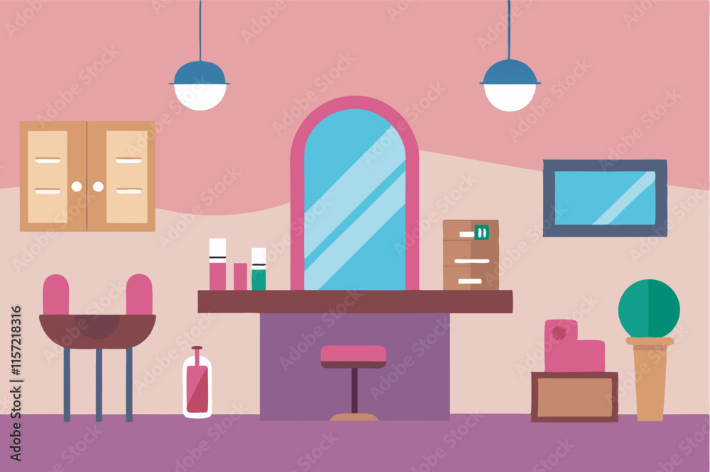 Fototapeta premium A cartoon-style beauty salon/spa in pink and purple hues. Oval mirror, hair products, wooden cabinet, pink sink/stool, potted plant. Colorful, detailed, grooming-themed ambiance.