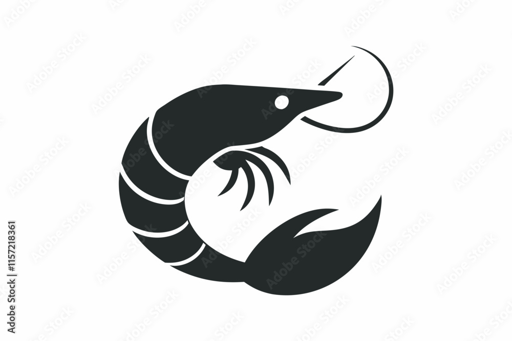 Fototapeta premium A black shrimp logo on a white background, vertically positioned with antennae, claws, legs, and divided body. Simple, plain black and white design.