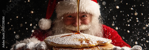 Santa Claus Pouring Syrup on a Stack of Pancakes

