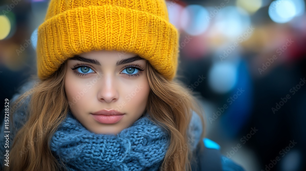 Young Woman Wearing Yellow Knit Hat and Blue Scarf Young Woman Wearing Yellow Knit Hat and Blue Scarf