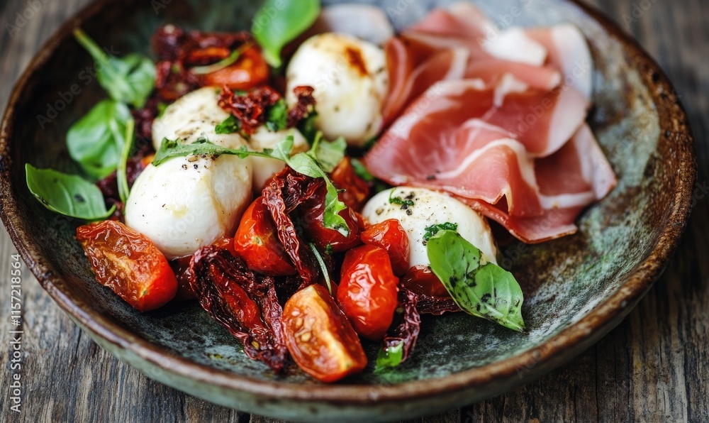 A plate of food with ham and tomatoes A plate of food with ham and tomatoes