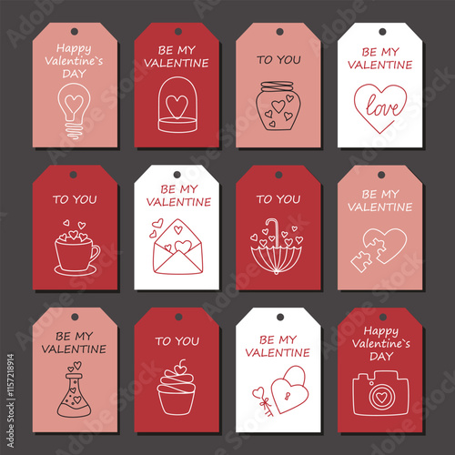 valeValentine's labels or posters with romantic elements. Vector Valentine's cards templates. Greeting cards, linear icons, invitations. Hand drawn 8th of March gift tantine`s element label template 2