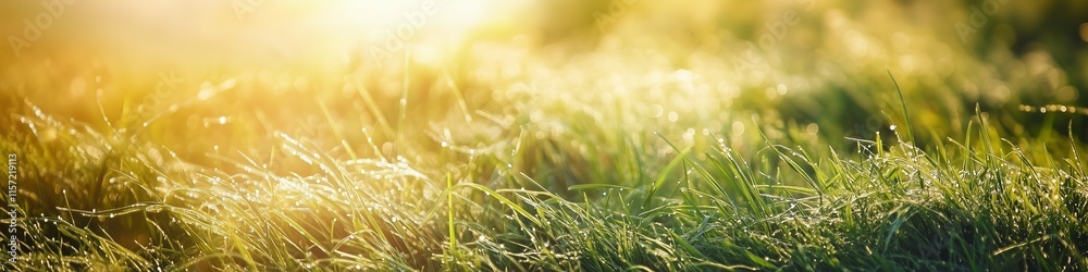 Morning sunlight shining through dewy grass, low-angle perspective highlighting the freshness of nature, perfect for serene background material. Morning sunlight shining through dewy grass, low-angle perspective highlighting the freshness of nature, perfect for serene background material.