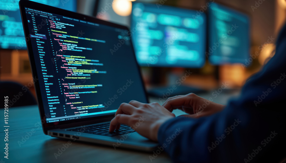 Person coding on laptop. Focused person working on Javascript code. Digital tech innovation. Software development. IOT, network connectivity. Businesswoman, programmer, developer. Modern tech. Web Person coding on laptop. Focused person working on Javascript code. Digital tech innovation. Software development. IOT, network connectivity. Businesswoman, programmer, developer. Modern tech. Web