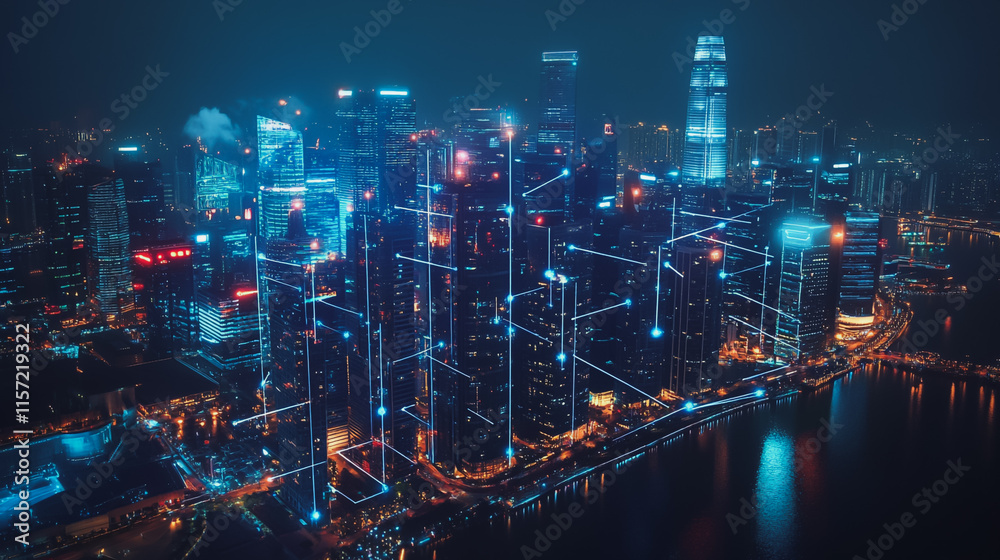 custom made wallpaper toronto digitalSmart digital Innovation city with connection network reciprocity over the cityscape. of future smart wireless digital city and social media networking systems that connects people with in city