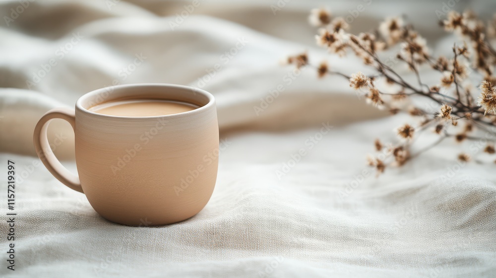 A serene image featuring a simple cup of coffee on a soft, textured surface, accompanied by delicate dried flowers, evoking a cozy atmosphere. A serene image featuring a simple cup of coffee on a soft, textured surface, accompanied by delicate dried flowers, evoking a cozy atmosphere.