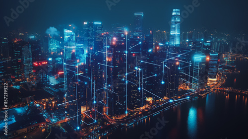 Wallpaper Mural Smart digital Innovation city with connection network reciprocity over the cityscape. of future smart wireless digital city and social media networking systems that connects people with in city Torontodigital.ca